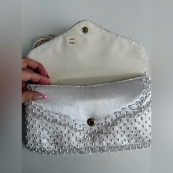 Vintage White Beaded Satin Clutch Purse | Pearl Evening Bag Bridal Prom 90s Y2K - Picture 6 of 9